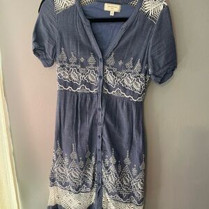 Moulinette Soeurs Blue Midi Dress with White Embroidery